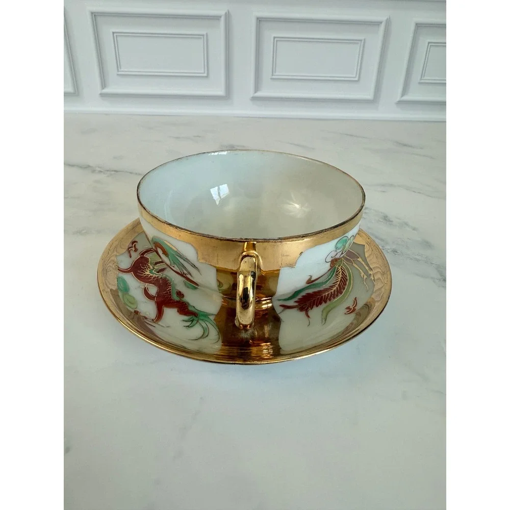 VTG Asian DragonWare and Phoenix 22K Gilded Teacup and Saucer
